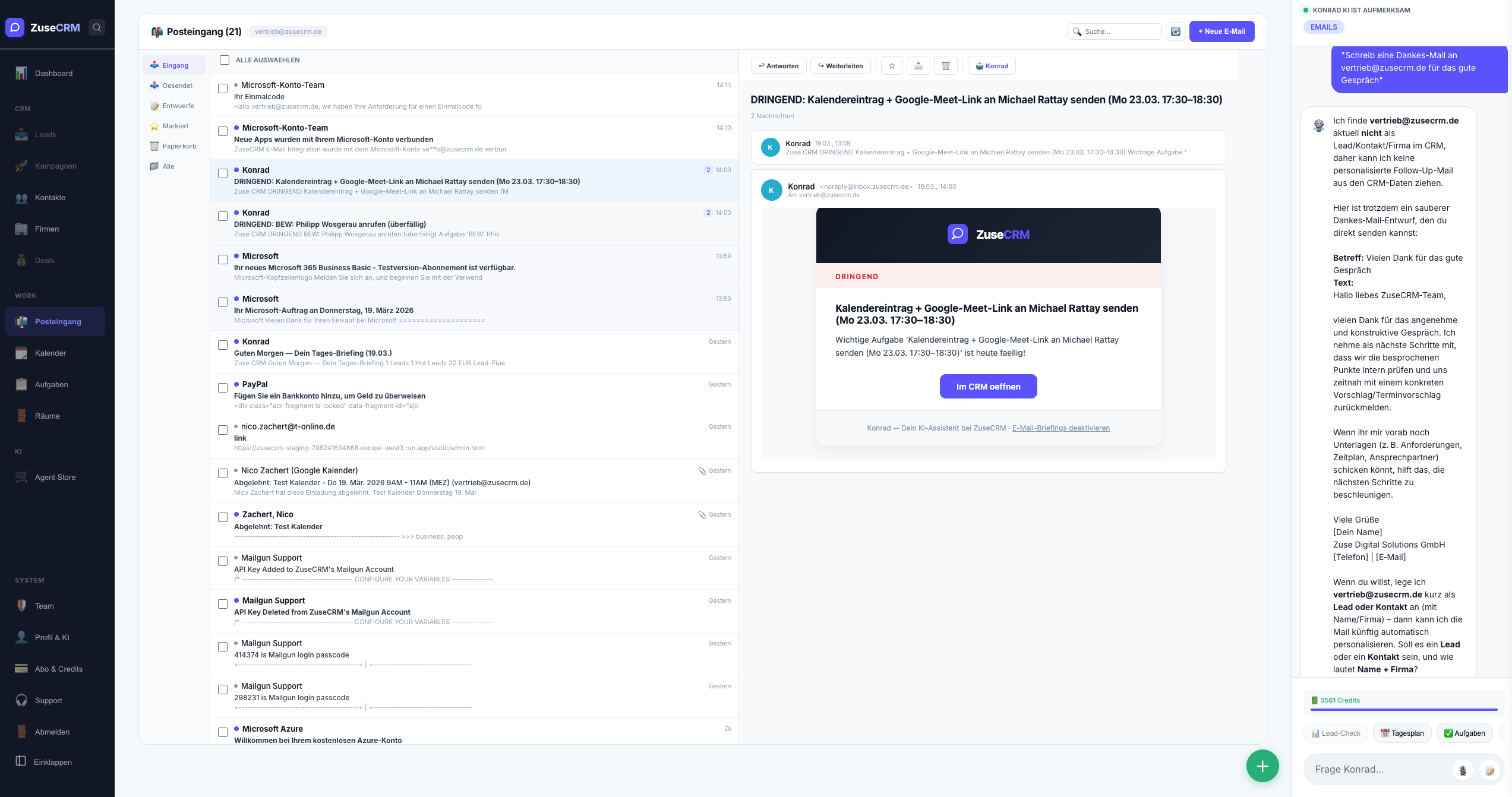 ZuseCRM E-Mail Workspace — Inbox mit Threading, KI-Analyse, Konrad KI Chat und Outlook-Integration