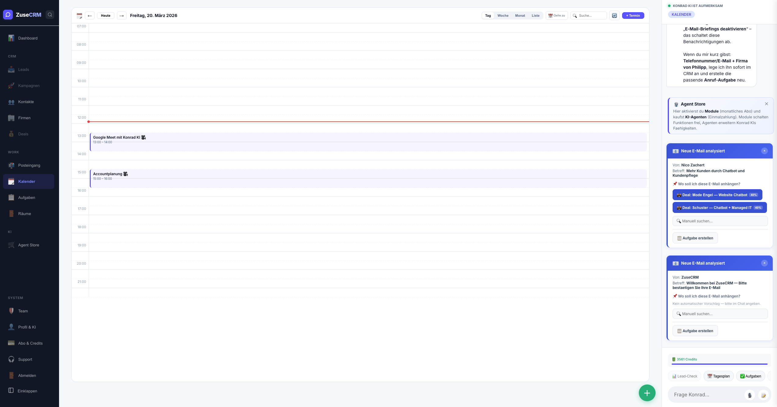 ZuseCRM Kalender — Wochenansicht mit Events, Tasks-Overlay und Video-Links