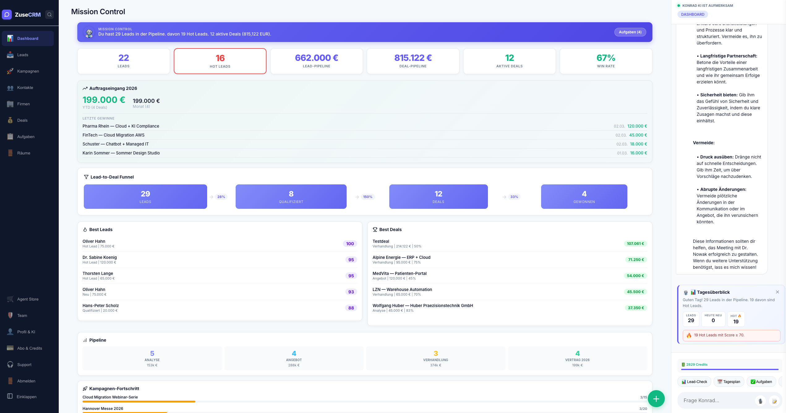ZuseCRM Mission Control Dashboard — KPIs, Pipeline-Überblick, Aufgaben und Konrad KI Chat