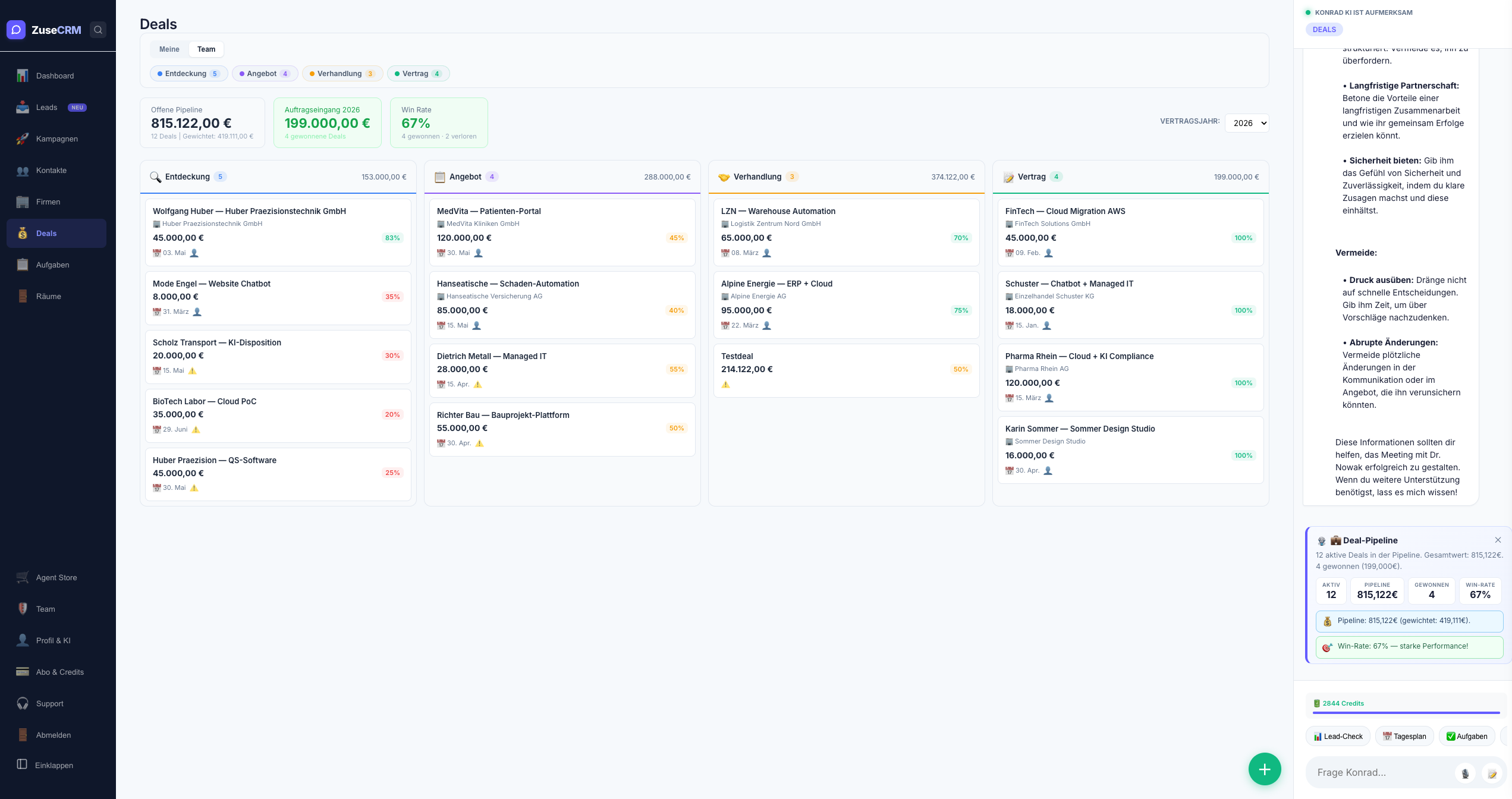 ZuseCRM Sales Pipeline — Kanban-Board mit Drag and Drop und Deal-Workspace